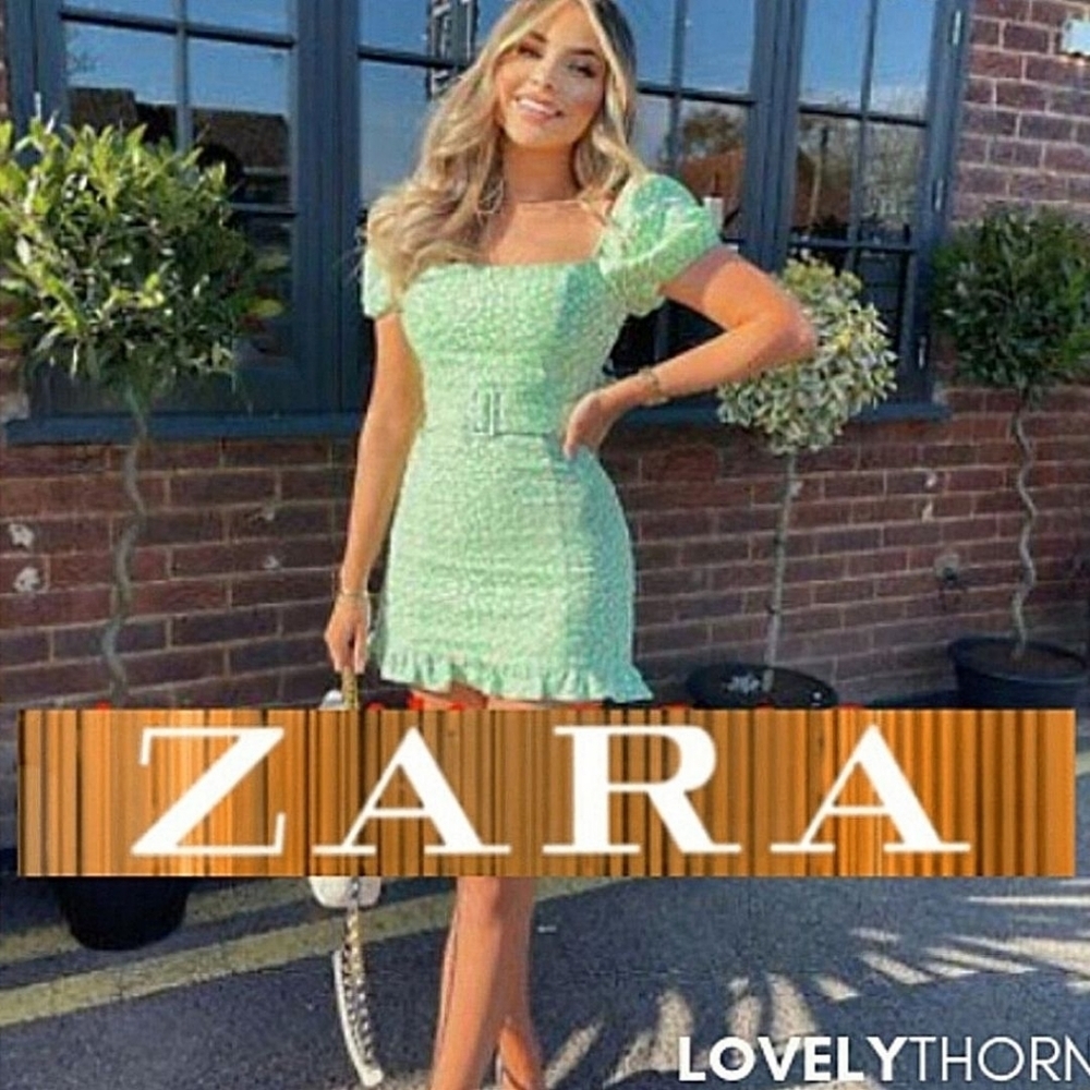 ZARA // floral puff sleeve belted linen blend